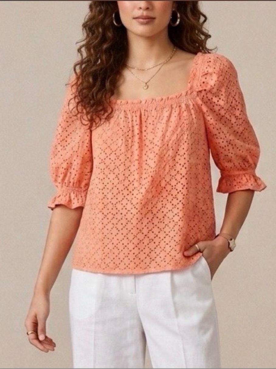 Pomander Place Tuckernuck Coral Pink Eyelet Puff Sleeve Blouse Size Large